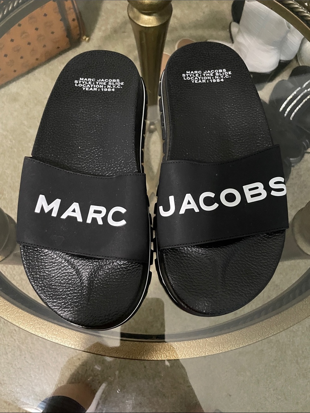 Marc Jacobs Black Slide Sandals with White Logo